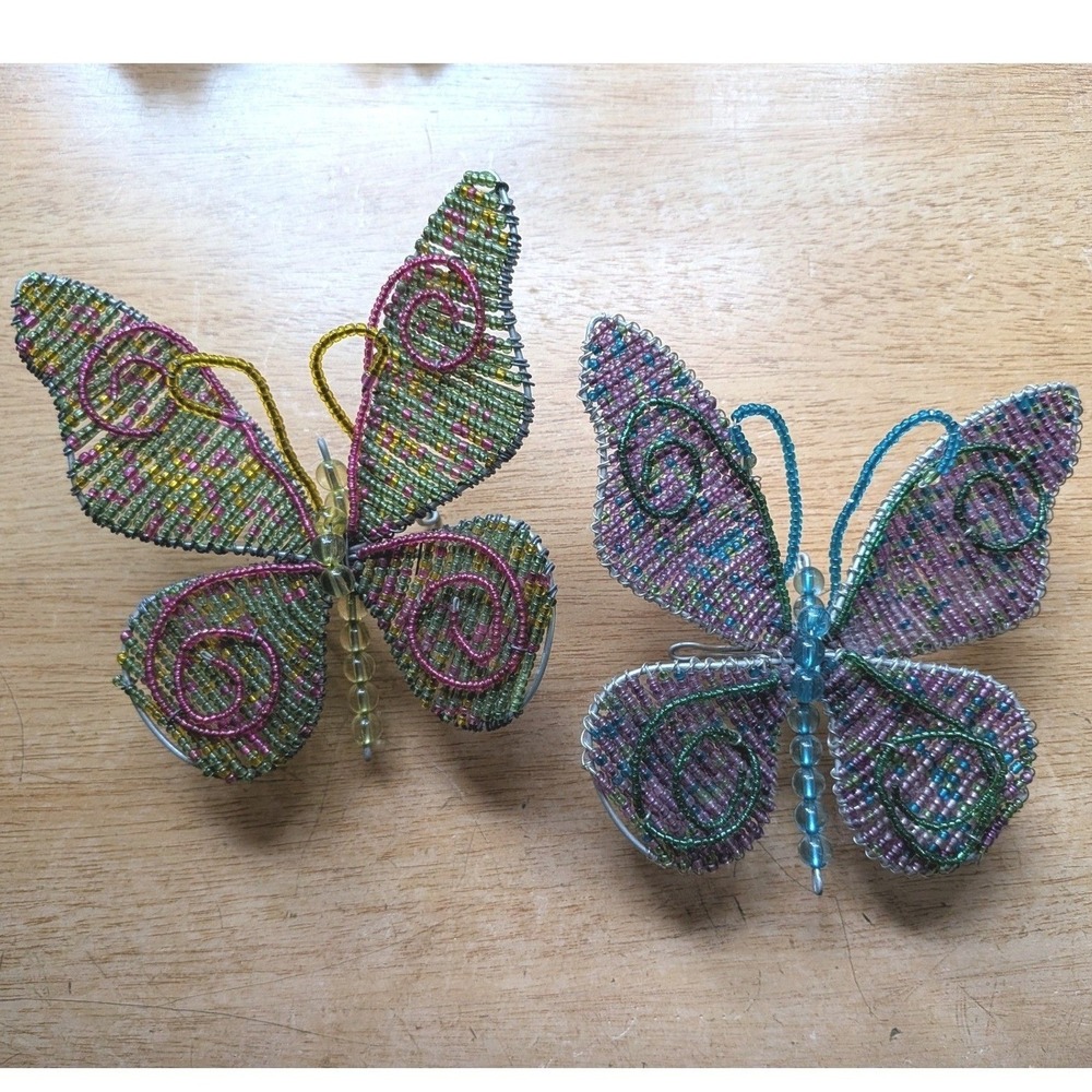 Set of 2 Handcrafted Beaded Wire Butterfly Figurines 5x5 Multi-Color Folk Art